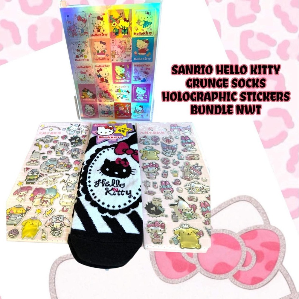 4-Piece grunge Sanrio Hello Kitty Socks & Holographic Stickers Bundle NWT